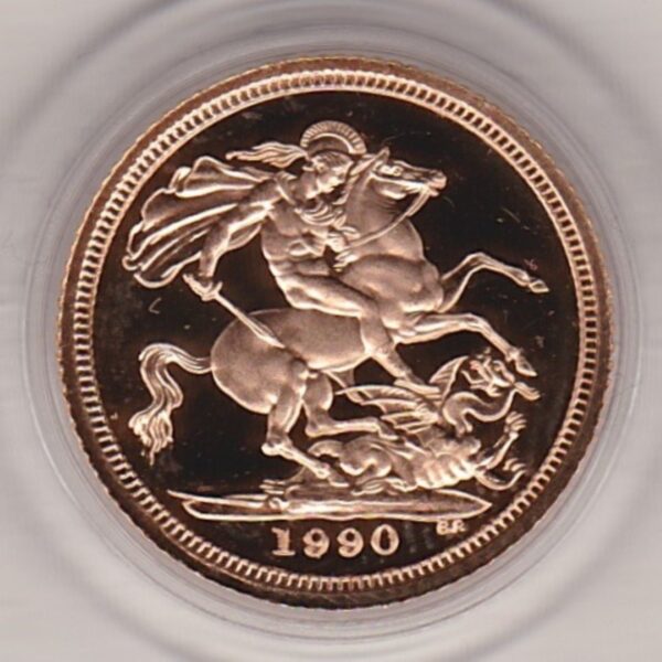 1990 gold proof half sovereign coin in capsule. This coin features Queen Elizabeth II on the obverse and St George and the dragon on the Reverse.