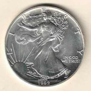 1992 Silver USA One Ounce Eagle. The liberty is on the obverse, The eagle is on the reverse. The coin contains one ounce of 999 fine silver.