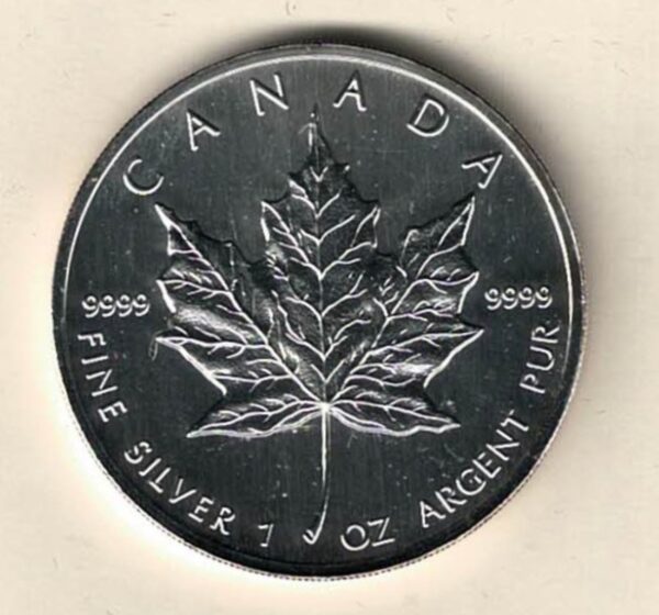 1993 Silver Canada One Ounce Maple. Elizabeth II is on the obverse, The Maple is on the reverse. The coin contains one ounce of 9999 fine silver.