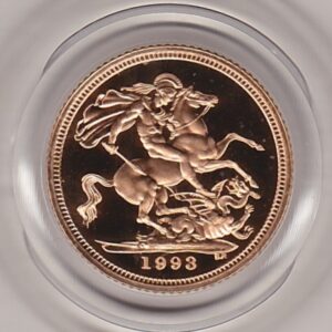 1993 gold proof half sovereign coin in capsule. This coin features Queen Elizabeth II on the obverse and St George and the dragon on the Reverse.