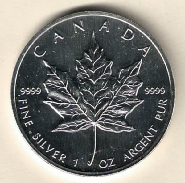 1994 Silver Canada One Ounce Maple. Elizabeth II is on the obverse, The Maple is on the reverse. The coin contains one ounce of 9999 fine silver.