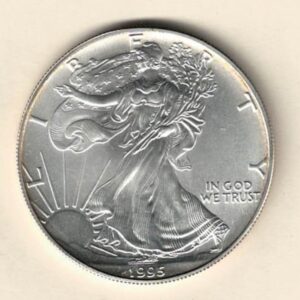 1995 Silver USA One Ounce Eagle. The liberty is on the obverse, The eagle is on the reverse. The coin contains one ounce of 999 fine silver.