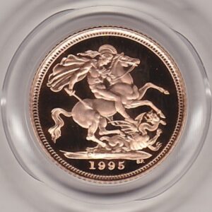 1995 gold proof half sovereign coin in capsule. This coin features Queen Elizabeth II on the obverse and St George and the dragon on the Reverse.