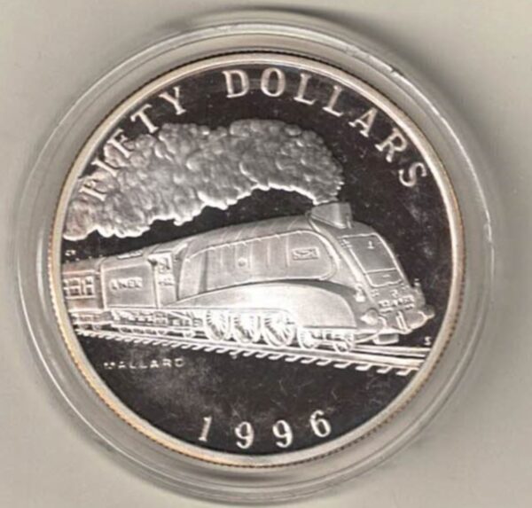 1996 Silver Marshall Islands One Ounce Mallard Train Train. This coin does feature a train. This coin contains one ounce of 999 fine silver.