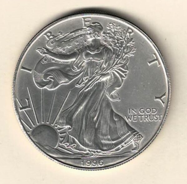 1996 Silver USA One Ounce Eagle. The liberty is on the obverse, The eagle is on the reverse. The coin contains one ounce of 999 fine silver.