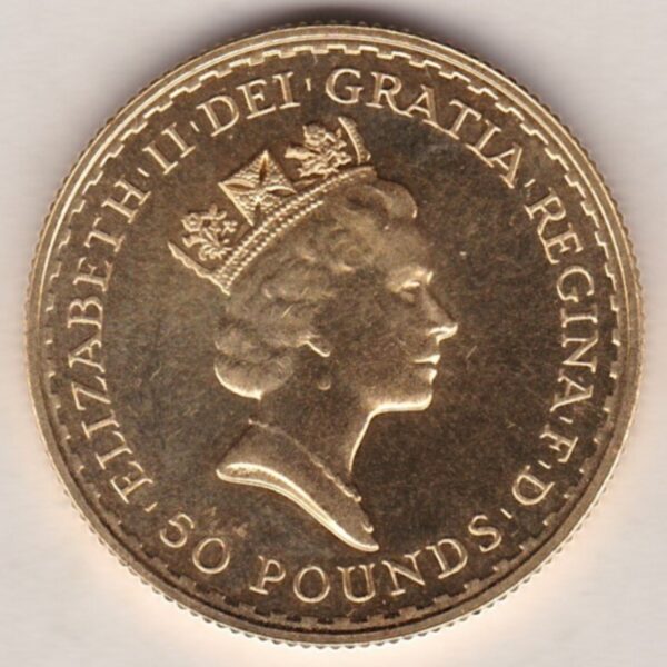 1996 Gold Half Ounce Britannia coin features Queen Elizabeth II on the Obverse. Standing Britannia on the Reverse. Half ounce gold coin.