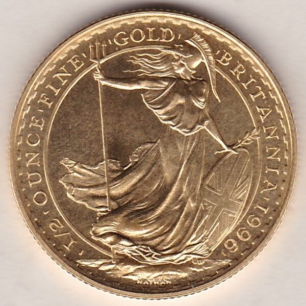 1996 Gold Half Ounce Britannia coin features Queen Elizabeth II on the Obverse. Standing Britannia on the Reverse. Half ounce gold coin.