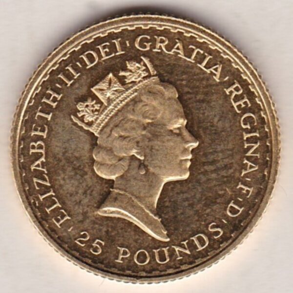 1996 Gold Quarter Ounce Britannia coin features Queen Elizabeth II on the Obverse. Standing Britannia on the Reverse. Quarter ounce gold coin.