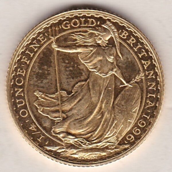 1996 Gold Quarter Ounce Britannia coin features Queen Elizabeth II on the Obverse. Standing Britannia on the Reverse. Quarter ounce gold coin.