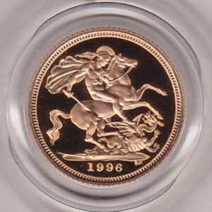 1996 gold proof half sovereign coin in capsule. This coin features Queen Elizabeth II on the obverse and St George and the dragon on the Reverse.