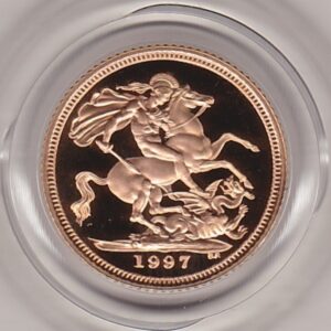 1997 gold proof half sovereign coin in capsule. This coin features Queen Elizabeth II on the obverse and St George and the dragon on the Reverse.