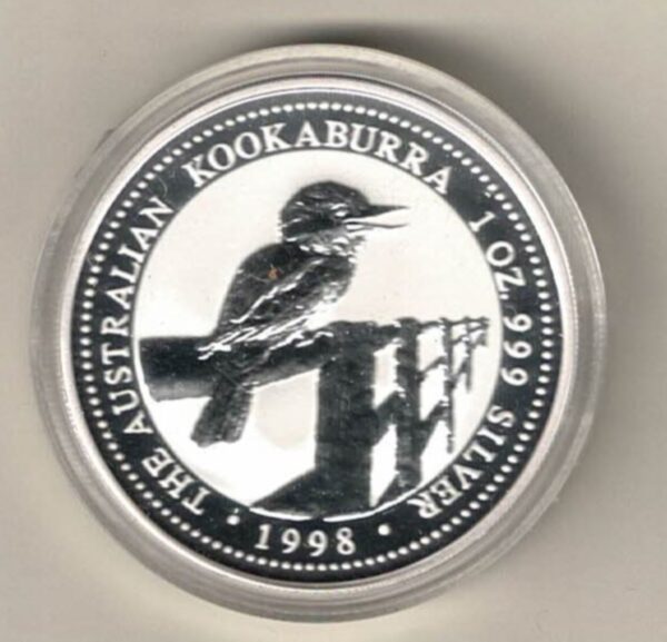 1998 Silver Australia One Ounce Kookaburra Elizabeth II is on the obverse, The Kookaburra is on the reverse. The coin contains one ounce of 999 fine silver