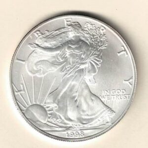 1998 Silver USA One Ounce Eagle. The liberty is on the obverse, The eagle is on the reverse. The coin contains one ounce of 999 fine silver.