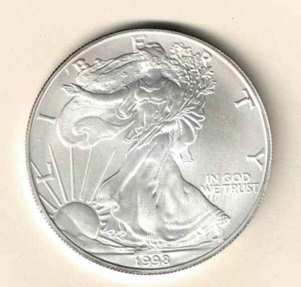 1998 Silver USA One Ounce Eagle. The liberty is on the obverse, The eagle is on the reverse. The coin contains one ounce of 999 fine silver.