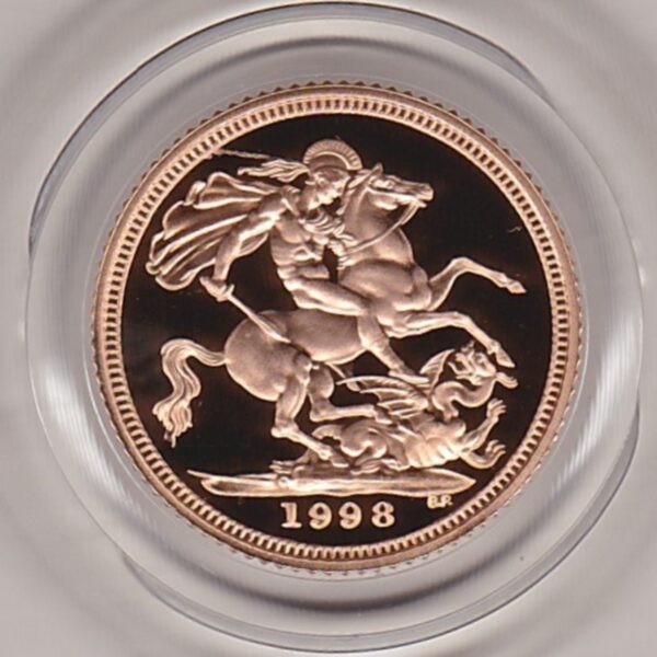 1998 gold proof half sovereign coin in capsule. This coin features Queen Elizabeth II on the obverse and St George and the dragon on the Reverse.