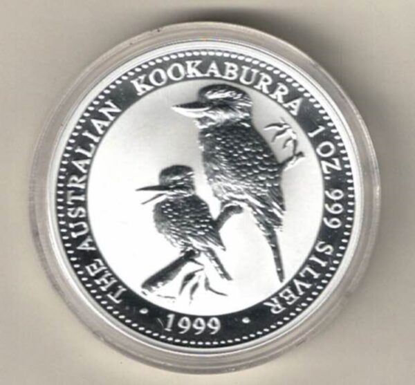 1999 Silver Australia One Ounce Kookaburra Elizabeth II is on the obverse, The Kookaburra is on the reverse. The coin contains one ounce of 999 fine silver