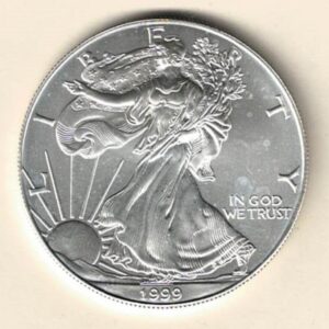 1999 Silver USA One Ounce Eagle. The liberty is on the obverse, The eagle is on the reverse. The coin contains one ounce of 999 fine silver.