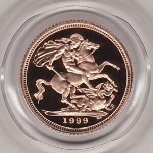 1999 gold proof half sovereign coin in capsule. This coin features Queen Elizabeth II on the obverse and St George and the dragon on the Reverse.