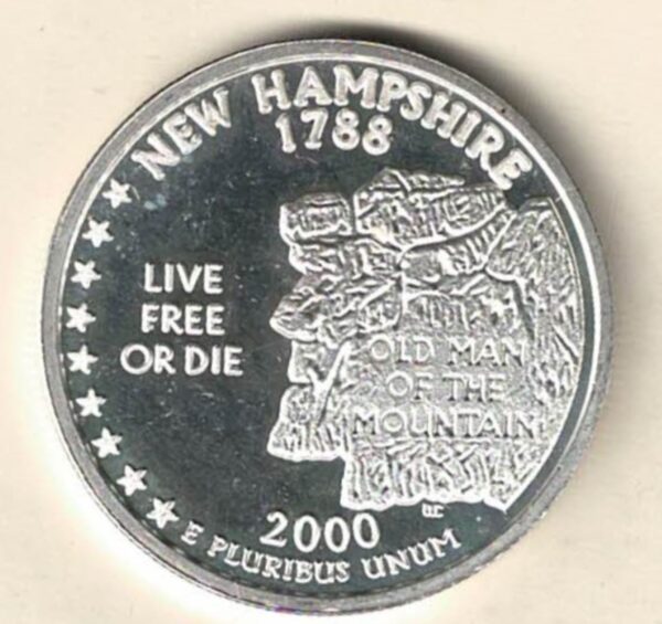 2000 USA Silver One Ounce New Hampshire. This round does feature New Hampshire 2000. The round contains one ounce of .999 fine silver.