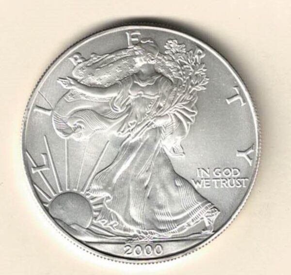 2000 Silver USA One Ounce Eagle. The liberty is on the obverse, The eagle is on the reverse. The coin contains one ounce of 999 fine silver.