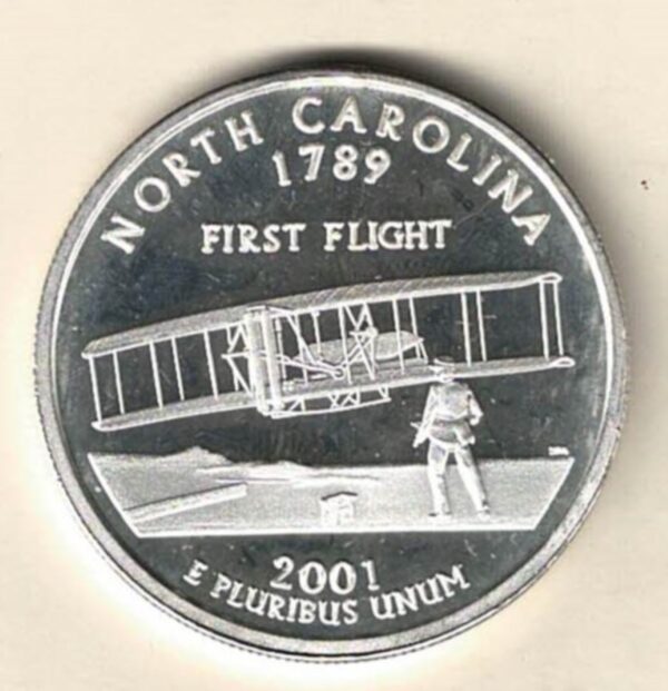 2001 USA Silver One Ounce North Carolina. This round does feature North Carolina 2001. The round contains one ounce of .999 fine silver.