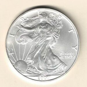 2001 Silver USA One Ounce Eagle. The liberty is on the obverse, The eagle is on the reverse. The coin contains one ounce of 999 fine silver.