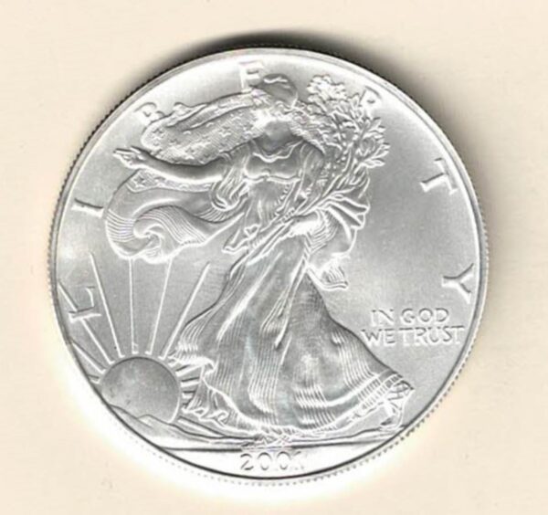 2001 Silver USA One Ounce Eagle. The liberty is on the obverse, The eagle is on the reverse. The coin contains one ounce of 999 fine silver.