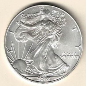 2002 Silver USA One Ounce Eagle. The liberty is on the obverse, The eagle is on the reverse. The coin contains one ounce of 999 fine silver.