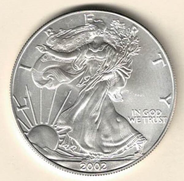 2002 Silver USA One Ounce Eagle. The liberty is on the obverse, The eagle is on the reverse. The coin contains one ounce of 999 fine silver.