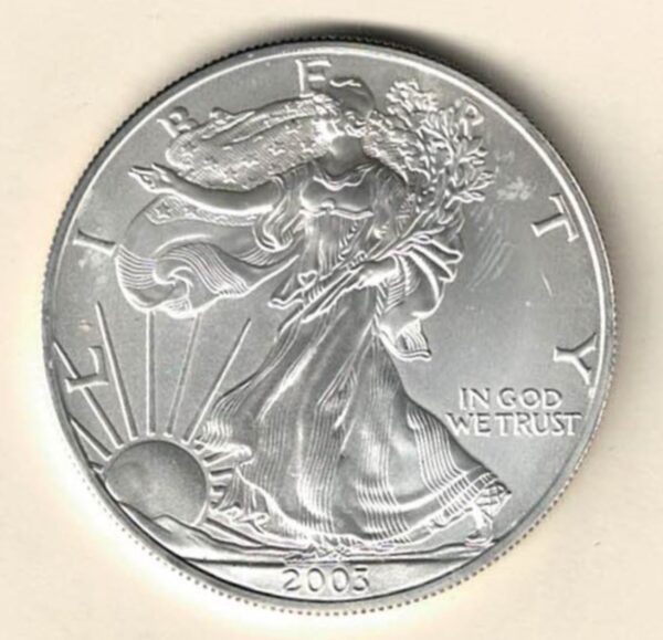 2003 Silver USA One Ounce Eagle. The liberty is on the obverse, The eagle is on the reverse. The coin contains one ounce of 999 fine silver.