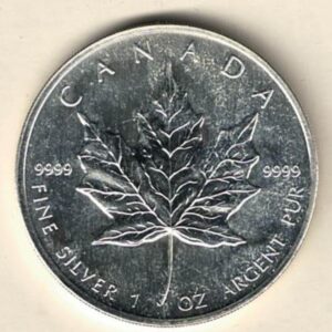 2003 Silver Canada One Ounce Maple. Elizabeth II is on the obverse, The Maple is on the reverse. The coin contains one ounce of 9999 fine silver.