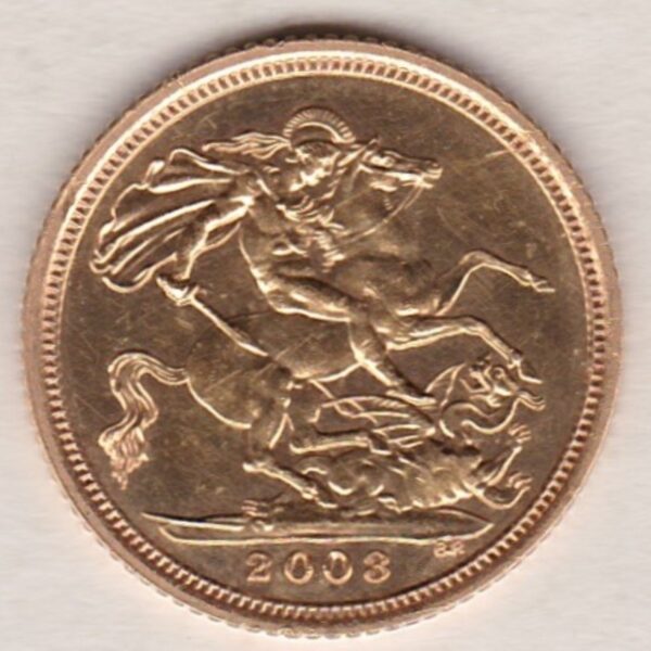 2003 Gold Half Sovereign coin featuring the fourth portrait of Queen Elizabeth II on the Obverse. St George and the dragon on the Reverse.