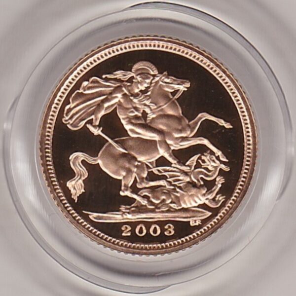 2003 gold proof half sovereign coin in capsule. This coin features Queen Elizabeth II on the obverse and St George and the dragon on the Reverse.