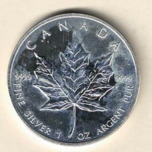 2004 Silver Canada One Ounce Maple. Elizabeth II is on the obverse, The Maple is on the reverse. The coin contains one ounce of 9999 fine silver.