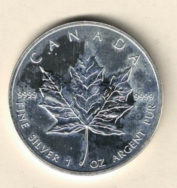 2004 Silver Canada One Ounce Maple. Elizabeth II is on the obverse, The Maple is on the reverse. The coin contains one ounce of 9999 fine silver.