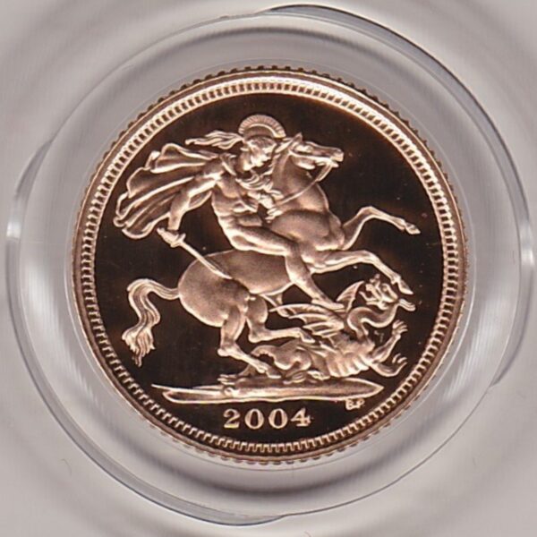 2004 gold proof half sovereign coin in capsule. This coin features Queen Elizabeth II on the obverse and St George and the dragon on the Reverse.