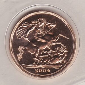 2004 Gold Sovereign Coin. This coin features the fourth portrait of Queen Elizabeth II on the obverse. St George and dragon on the reverse.