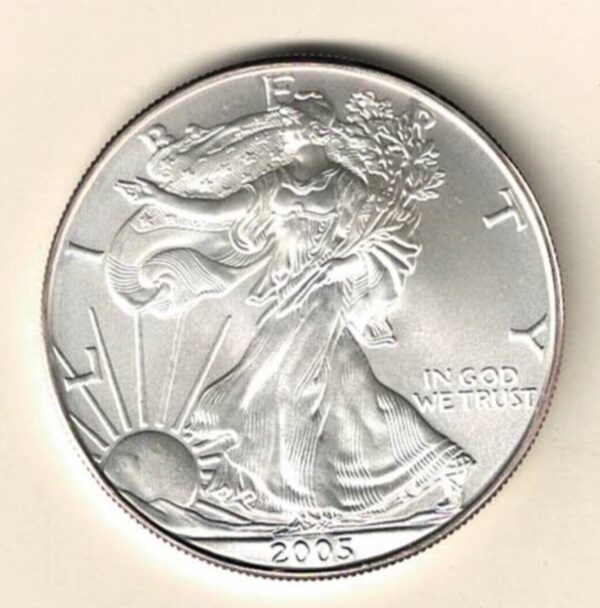 2005 Silver USA One Ounce Eagle. The liberty is on the obverse, The eagle is on the reverse. The coin contains one ounce of 999 fine silver.