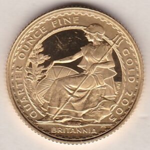 2005 Gold Proof Quarter Ounce Britannia coin features Queen Elizabeth II on the Obverse. Standing Britannia on the Reverse. Quarter ounce gold coin.