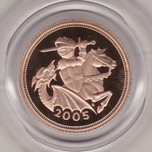 2005 gold proof half sovereign coin featuring queen Elizabeth II on the Obverse & the modern interpretation of St George & the Dragon reverse.