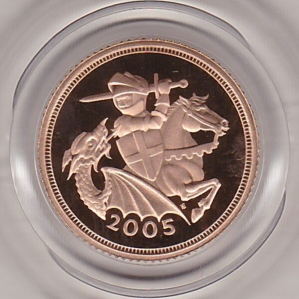 2005 gold proof half sovereign coin featuring queen Elizabeth II on the Obverse & the modern interpretation of St George & the Dragon reverse.