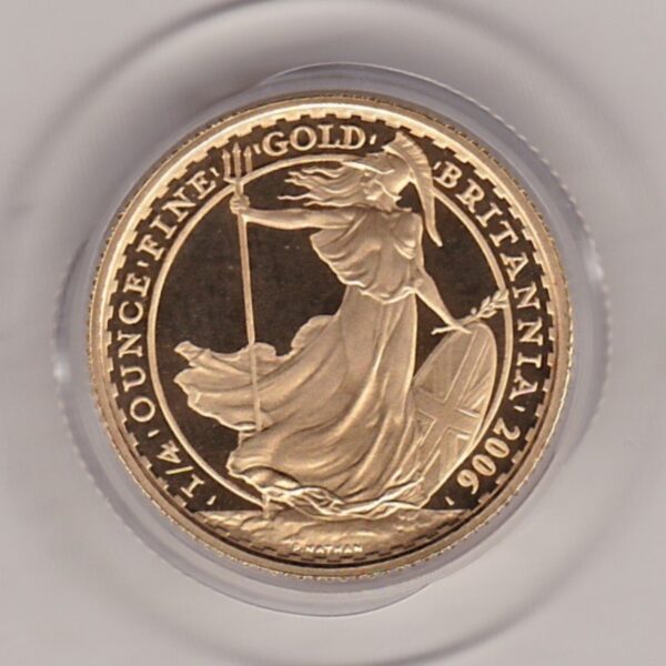 2006 Gold Proof Quarter Ounce Britannia coin features Queen Elizabeth II on the Obverse. Standing Britannia on the Reverse. Quarter ounce gold coin.