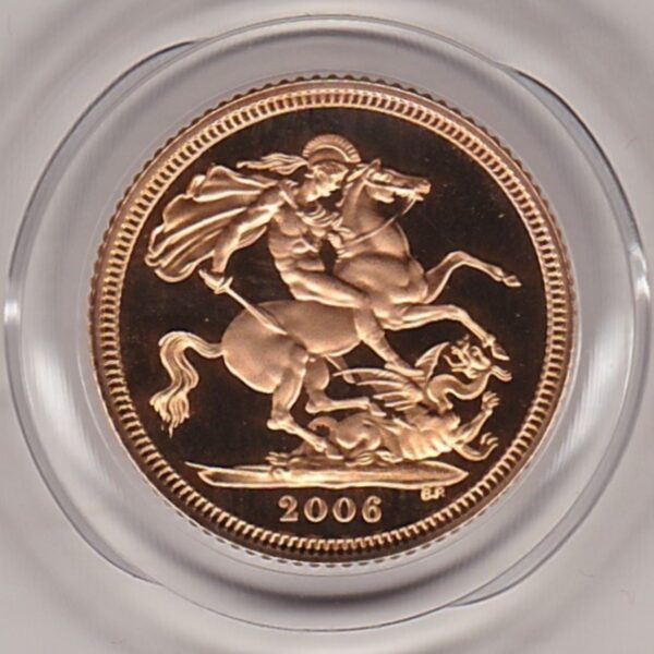 2006 gold proof half sovereign coin in capsule. This coin features Queen Elizabeth II on the obverse and St George and the dragon on the Reverse.