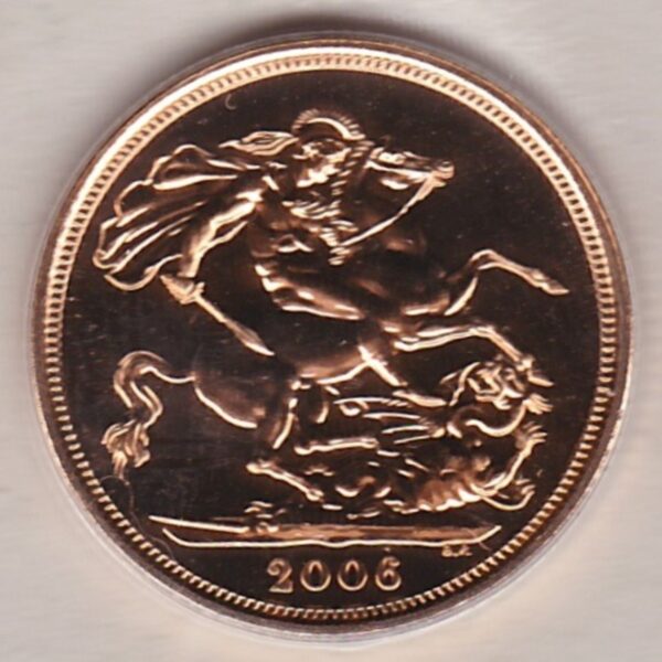 2006 Gold Sovereign Coin. This coin features the fourth portrait of Queen Elizabeth II on the obverse. St George and dragon on the reverse.