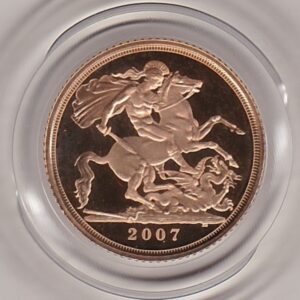 2007 gold proof half sovereign coin in capsule. This coin features Queen Elizabeth II on the obverse and St George and the dragon on the Reverse.