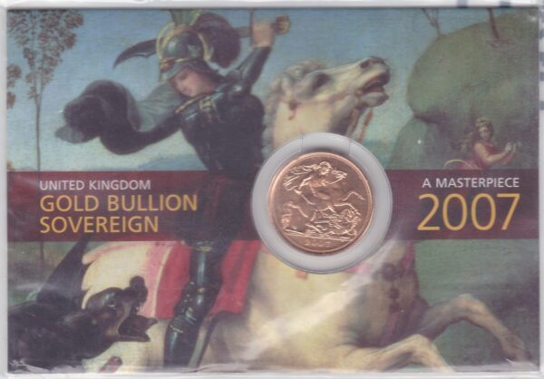 2007 Gold Sovereign Coin sealed. This coin features the Fourth portrait of Queen Elizabeth II on the obverse. St George and dragon on the reverse.