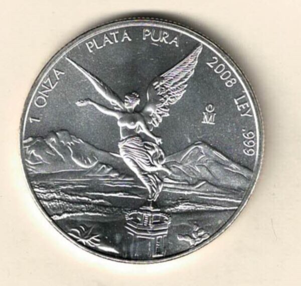 2008 Mexico silver one ounce one Onza Libertad coin. This coin contains one ounce of 999 fine silver. With Mexico coat of arms on the Obverse.