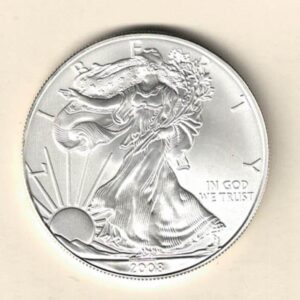 2008 Silver USA One Ounce Eagle. The liberty is on the obverse, The eagle is on the reverse. The coin contains one ounce of 999 fine silver.