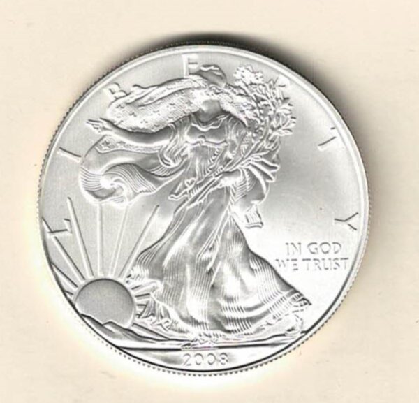 2008 Silver USA One Ounce Eagle. The liberty is on the obverse, The eagle is on the reverse. The coin contains one ounce of 999 fine silver.