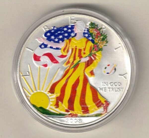 2008 Silver USA One Ounce Eagle. Paint Pallet Privy Mark on the obverse, The eagle is on the reverse. The coin contains one ounce of 999 fine silver.